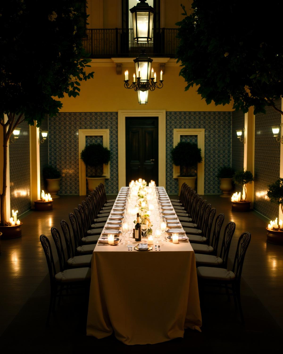 Elegant gedeckte Tafel in einem portugiesischen Palast-Innenhof